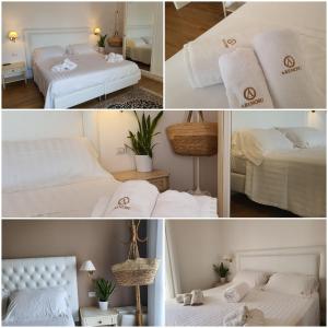 eine Collage mit vier Bildern eines Hotelzimmers mit zwei Betten in der Unterkunft Arenosu Comfort Country Resort in Fertilia