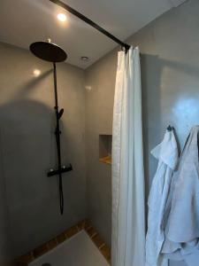 a bathroom with a shower curtain and a cross on the wall at La petite maison de Savennières in Savennières