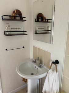 a bathroom with a sink and a mirror at Dottys lodge in Felton +25 photos