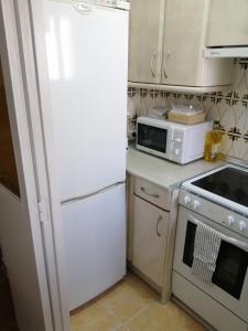 uma cozinha com um frigorífico branco e um micro-ondas em La Pequeña Cercona em La Granja de San Ildefonso