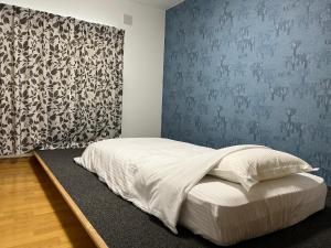 a bedroom with a bed with a blue wall at ＡｋＢ33 Room-2 in Teine