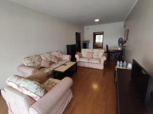 un salon avec deux canapés et une télévision dans l'établissement Awesome Homestay Apartment @ Equatorial Hill Resort, à Brinchang