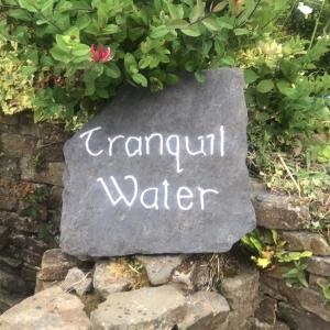 un letrero que dice agua caravana en una pared de piedra en Tranquil Water en Midleton