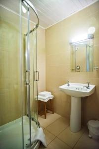 uma casa de banho com um lavatório e um chuveiro em Dun Ri Guesthouse em Clifden