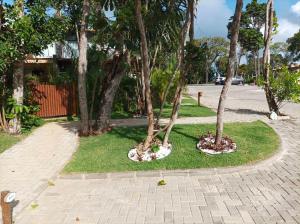 eine Gruppe von Bäumen in einem Kreis auf einem Bürgersteig in der Unterkunft Casa Praia do Forte Bahia Jardim Piscina Churrasco in Praia do Forte