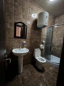 a bathroom with a sink and a toilet and a shower at Hotel Albatros in Batumi
