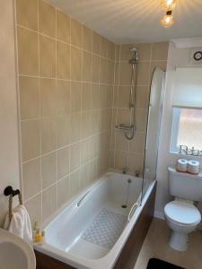 a bathroom with a tub and a toilet and a sink at Hermanas retreat in Felton