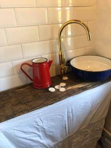 a kitchen counter with a sink and a red tea kettle at Casa din deal in Baia-Sprie