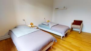 sypialnia z 2 łóżkami i krzesłem w obiekcie Appartement Le Passage - Ostheim w mieście Ostheim