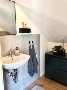 a bathroom with a sink and a mirror at gemütliches Einfamilienhaus in Gera mit 3 Schlafzimmern mit Garten und Parkplatz in Gera