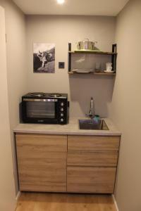 uma cozinha com um micro-ondas e um lavatório em Novitel Apartements Heimstetten em Kirchheim