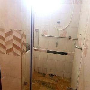 een douche met een glazen deur in de badkamer bij Appartement modeste au centre ville, tramway in Rose Hill