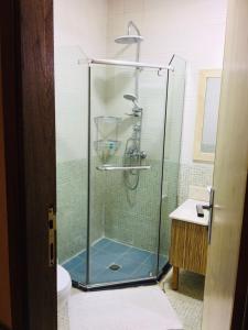 a shower with a glass door in a bathroom at Palm Hotel in Baghdād
