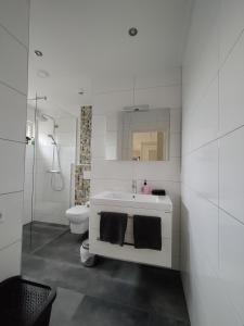 a white bathroom with a sink and a toilet at B&B de Maalderi-je in Winterswijk