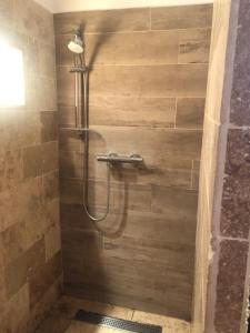 eine Dusche im Bad mit einer Holzwand in der Unterkunft Amazing view in Eygliers