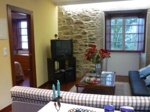 a living room with a couch and a tv at Apartamento Tránsito de Entrerruas in Santiago de Compostela