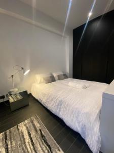 a bedroom with a large white bed and a rug at Beautiful Modern studio in High Street Kensington in London