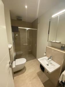 a bathroom with a toilet and a sink and a shower at New Luxury Studio in the Heart of Kirchberg -D in Luxembourg