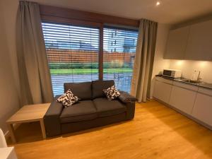 a living room with a couch in front of a large window at New Luxury Studio in the Heart of Kirchberg -D in Luxembourg