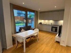 a kitchen and living room with a white table and chairs at New Luxury Studio in the Heart of Kirchberg -D in Luxembourg