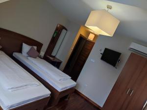 a small room with two beds and a mirror at Dworek Dąbrowa in Tomaszów Lubelski