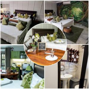 a collage of four pictures of a hotel room at Rustic Forest Guest House in Cerillio