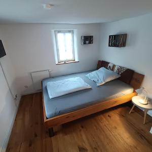 a bedroom with a bed with blue sheets and a window at Apartments & möblierte Zimmer in Kahl am Main, kontaktloser Self Check-in, W-Lan, Schreibtisch, Duschbad, Küchenzeile, PKW-Plätze in Kahl am Main