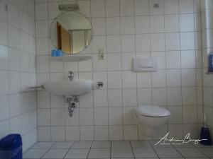 ボルクムにあるHaus-Moana-Wohnung-1のバスルーム(トイレ、洗面台、鏡付)