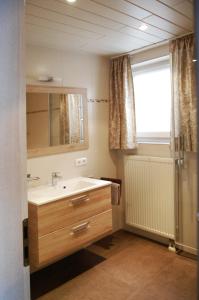 uma casa de banho com um lavatório e uma janela em Ferienwohnung & App. Rosemarie em Bad Birnbach