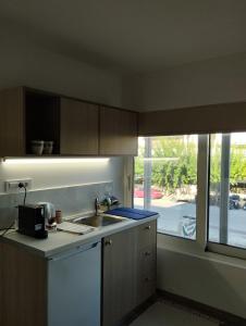 cocina con fregadero y ventana en Enallio Luxury Apartments, en Nauplia