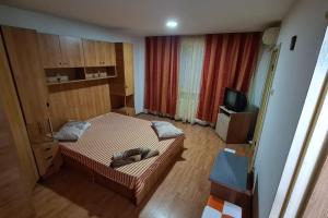 Habitación pequeña con 2 camas y TV. en Colentina Residence, en Bucarest