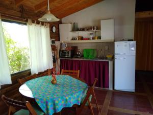 een keuken met een tafel en een keuken met een koelkast bij Cabaña Sonnentahl in Potrerillos