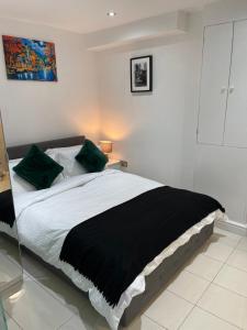 1 dormitorio con 1 cama grande con almohadas verdes en Modern 1 Bedroom Holiday Apartment in Southminster en Southminster