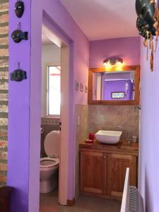 a purple bathroom with a toilet and a sink at CABAÑA LA MILAGROS REINA MORA in Merlo