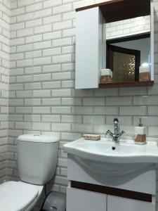 a white bathroom with a toilet and a sink at LukasSaloMea in Borjomi +36 photos