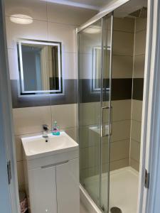 uma casa de banho com um lavatório e um chuveiro em Modern 1 Bedroom Holiday Apartment in Southminster em Southminster