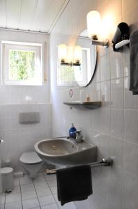 ein Badezimmer mit einem Waschbecken, einem WC und einem Spiegel in der Unterkunft Hotel Garni Haus Dornheim in Obertshausen