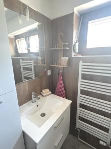 La salle de bains est pourvue d'un lavabo blanc et d'un miroir. dans l'établissement Au petit bonheur, à Horbourg-Wihr