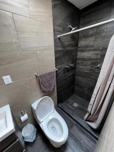 a bathroom with a toilet and a shower at Casa Lían in Cuernavaca