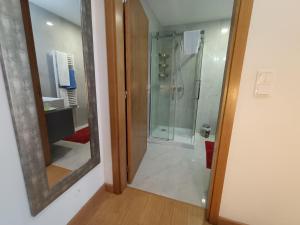 a bathroom with a shower and a mirror at Casa de Coelhosa in Vale de Cambra