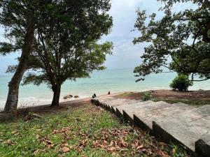 a wooden path to the beach with a tree and the ocean at Hijauan Studio Unit @ Ocean View Resort in Port Dickson