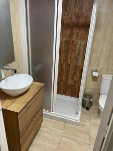 a bathroom with a shower with a sink and a toilet at Benalbeach loft in Benalmádena