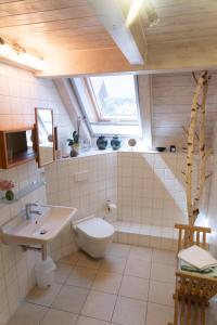 a bathroom with a sink and a toilet and a window at Ferienwohnung Spessart in Straßbessenbach