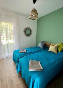 1 dormitorio con 2 camas con sábanas azules y espejo en Aranygesztenye Apartmanház, en Balatonudvari