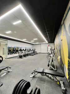 a gym with rows of treadmills and weights at Queen of Charm Luxury Suite Downtown Hartford Location!Location!Location! in Hartford