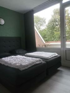 a bedroom with two beds in front of a window at Bruinisse-Zeeland-Holland in Bruinisse