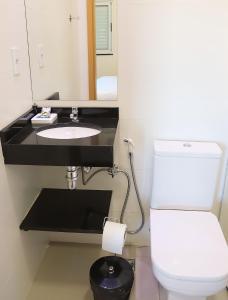 bagno con lavandino, servizi igienici e specchio di VR2 Hotel a Lençóis Paulista