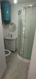 La salle de bains est pourvue d'une douche, de toilettes et d'un lavabo. dans l'établissement Apartmani Posušje, à Posušje