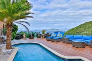 a villa with a swimming pool on a deck with a palm tree at Mount Healthy Villas 6- bedrooms with spa & pool in Tortola Island