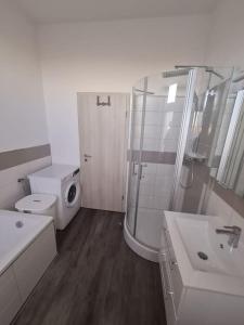 a bathroom with a shower and a toilet and a sink at Apartament Suite 3 in Bernburg